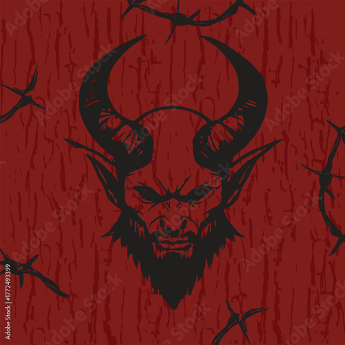Dark Horned Demon Illustration on Textured Red Background