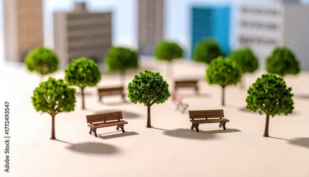 Obraz premium Miniature City Park Diorama with Green Trees and Benches