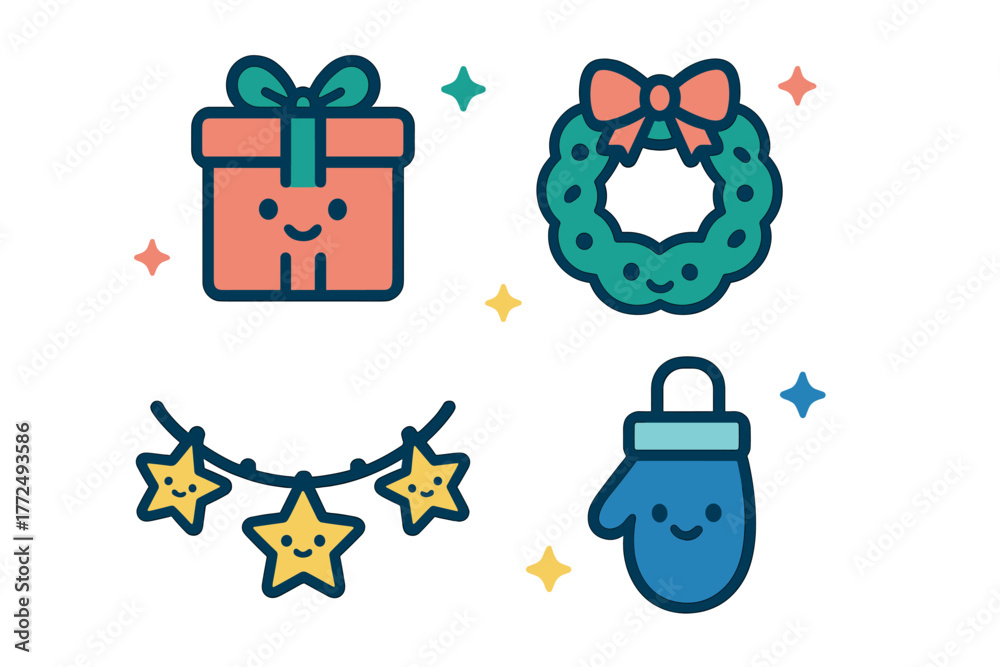 Obraz premium Set of cute smiling holiday icons including a gift box, festive wreath, garland, and winter mitten