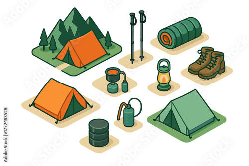 Isometric set of outdoor camping and hiking equipment tents sleeping bag boots and stove