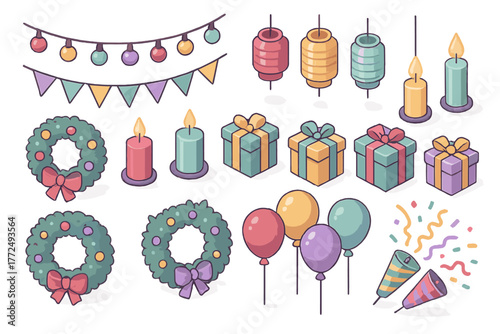 Isometric icons set of festive celebration elements including wreaths, gifts, and candles