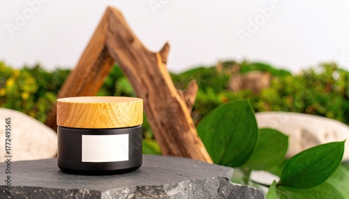 Black Balm Jar with Wood Lid on Slate, Blank Label, Spa Setting