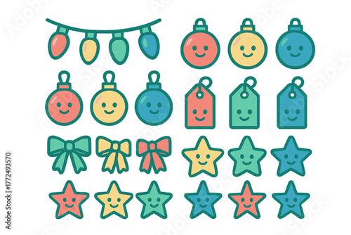 Smiling Christmas ornaments stars bows and string lights for holiday decoration