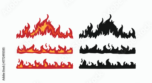 Set of six stylized fire borders in color and monochrome silhouettes. Hand-drawn flame graphic elements for heat, hot rod, or danger warnings