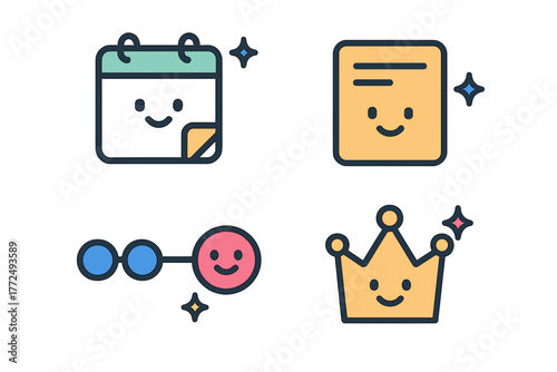 Set of cheerful business icons showing scheduling, documentation, process flow, and success symbols