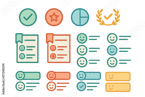 Feedback and rating icons with check marks, star symbols, survey forms, and happy faces for user experience