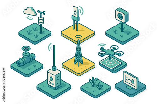 Isometric icons set representing smart farming technology, agricultural monitoring systems, sensors, drone, and weather station