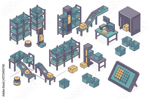 Isometric illustration of automated warehouse logistics, sorting equipment, conveyor belts, and storage racks