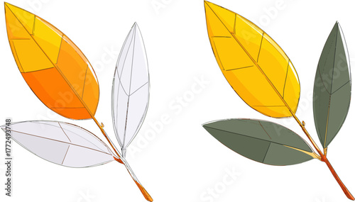 On a white background, a single autumn leaf is depicted in stylized form, displaying a combination of orange and yellow, along with prominent veins and spots