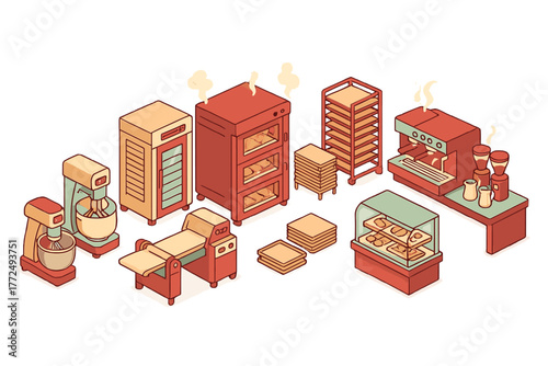 Isometric professional equipment set for bakery and coffee shop including oven mixer and espresso machine