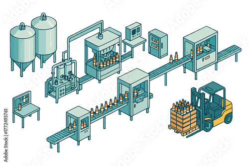 Automated beverage bottling factory production line with machinery and storage tanks