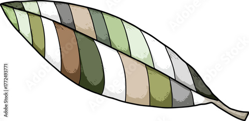 A variegated leaf is illustrated in detail, featuring serrated edges and prominent venation, with a color palette that includes various shades of green and reddish-brown