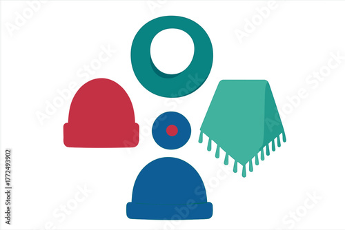 Colorful collection of winter accessories including knit hats, snood, and fringed scarf