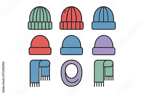 Colorful set of knit beanies and warm scarves winter clothing accessories