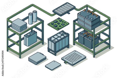 Various battery cells and energy storage units on industrial shelving racks in an isometric layout