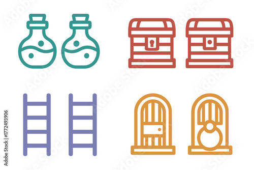 Fantasy game icons collection featuring magic potions, wooden chests, ladders, and dungeon doors