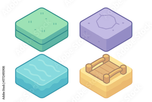 Four colorful isometric blocks depicting various natural terrains like grass, water, stone, and sand
