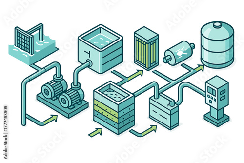 Isometric schematic diagram of a complex water purification and filtration system