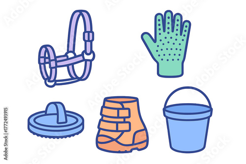 Horse care accessories set including halter, grooming mitt, curry comb, protective boot, and water bucket