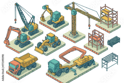 Isometric heavy construction vehicles and building site equipment set