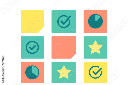 Colorful grid of sticky notes and productivity icons for task management and organization interface design