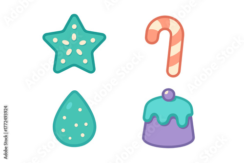 Cute stylized icon set featuring a starfish, candy cane, drop shape, and dessert cake