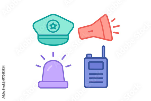 Police equipment set featuring cap, megaphone, siren light, and walkie talkie radio