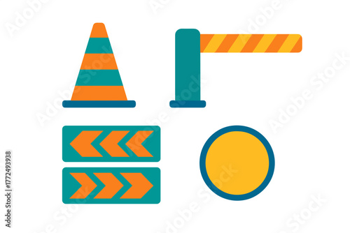 Essential road safety and construction warning elements including traffic cone, barrier, and directional signs