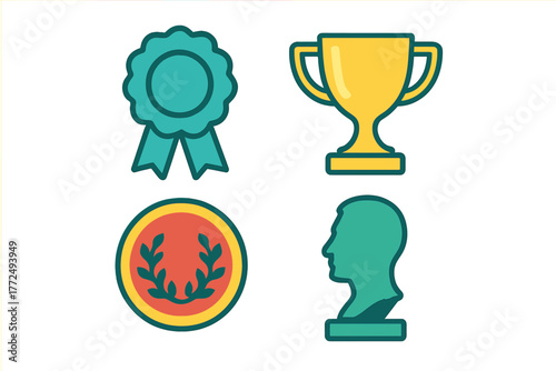 Set of achievement icons featuring a golden trophy, rosette ribbon, laurel wreath medal, and human bust