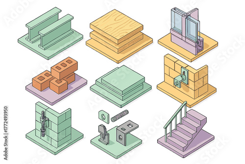 Isometric collection of construction materials and building components like steel, wood, bricks, glass, and fasteners