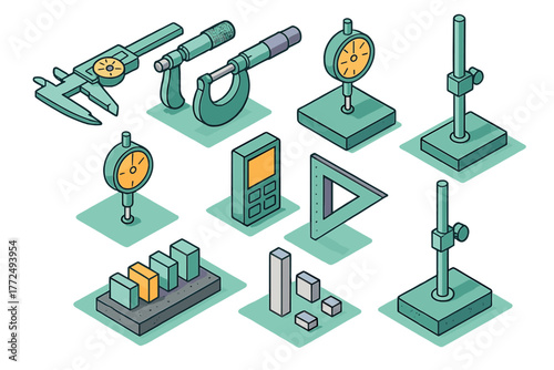 Isometric set of precision measuring tools: calipers, micrometers, and dial indicators for metrology