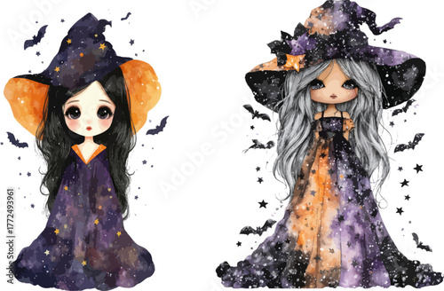 In a dazzling dress and a captivating hat, a charming youthful witch basks in the wonder of autumn nights