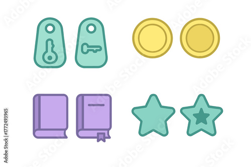 Colorful set of user interface icons featuring key tags coins books and rating stars