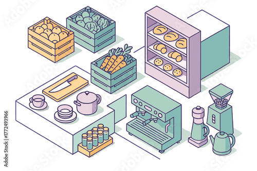 Isometric view of kitchen appliances, fresh produce, and baked goods in a modern cafe setting