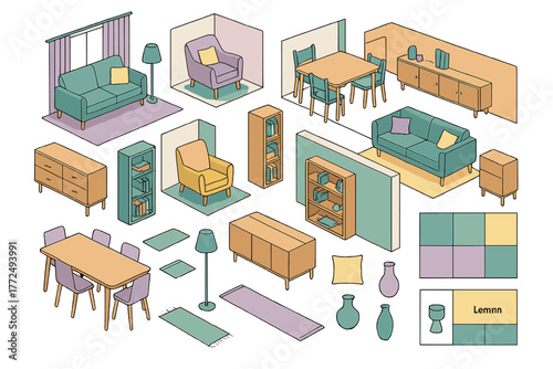 Isometric collection of interior design furniture elements including sofas armchairs and cabinets