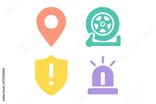 Automotive service and safety icons set: location pin, tire change, protection shield, and emergency siren light