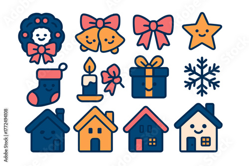 Cheerful winter holiday symbols set featuring festive houses, gifts, bells, snowflakes, and stars