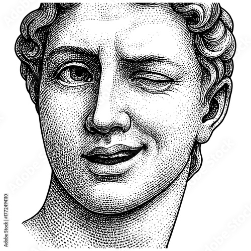Classical statue winking with a smirk, detailed vintage engraving illustration isolated on transparent background — playful neoclassical art.