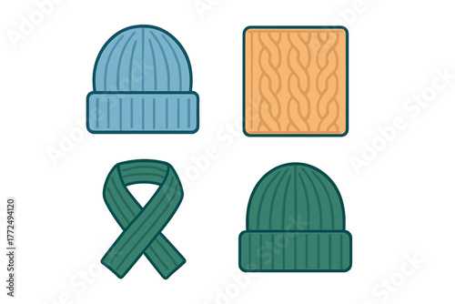 Knitted beanies and folded scarf set with cable knit texture swatch for cold weather fashion