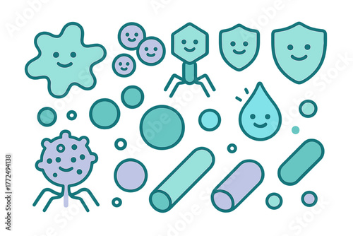 Cute cartoon microbes set with amoeba, bacteria, bacteriophage, and protective shields for science