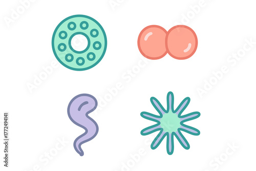 Colorful abstract set of microscopic organisms including bacteria, cells, and viruses