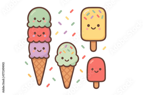 Adorable smiling ice cream cones and frozen popsicles with colorful sprinkles