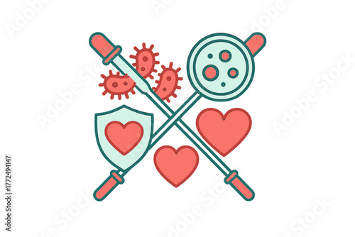 Medical research concept with bacteria, protective shield, heart, and laboratory tools