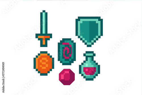Pixelated fantasy role-playing game assets collection featuring sword, shield, coin, potion, and magic gem