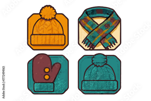 Cozy winter accessories icons featuring knitted hats, plaid scarf, and warm mitten