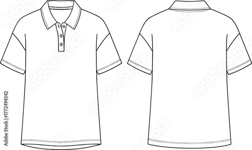 Cropped Polo Shirt Technical Drawing with Long Sleeves, Contrast Bow Harness Detail, Classic Collar, Three-Button Placket, and Ribbed Hem and Cuffs, Vector CAD.