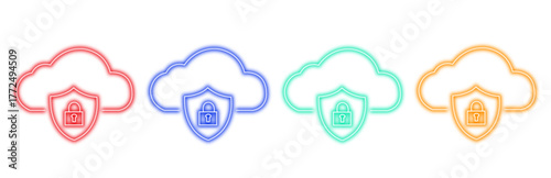 Four colorful cloud icons with shield and lock symbol inside, representing cloud security and data protection