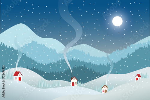 Winter night scene featuring cozy houses with smoking chimneys nestled among snowy hills. Snowflakes fall across the landscape, with layers of pine forests and soft blue mountains in the background