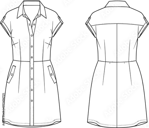 Fitted Mini Shirt Dress Technical Flat Sketch Template, Short Cuffed Sleeves with Button-Down Front, Flap Pockets, and Back Yoke, Vector CAD Illustration for Women's Fashion Design.