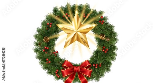 Green and red Christmas wreath decoration on a white background with pine branches and ornaments
